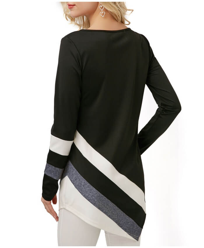 Asymmetric Hem Patchwork Long Sleeve T Shirt
